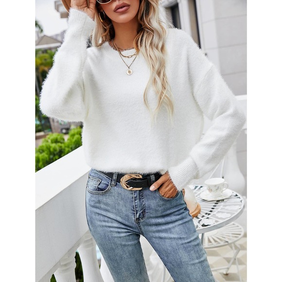 soft knit Fuzzy crewneck Sweater white boho minimalist preppy fall winter - Picture 6 of 12